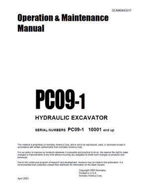 Komatsu PC09-1 10001 and up Hydraulic Excavator Operation &amp; Maintenance Manual SEAM044501T English