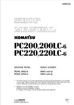 Komatsu PC200-6, PC200LC-6, PC220-6, PC220LC-6 Hydraulic Excavator Shop Manual SEBM003405 English