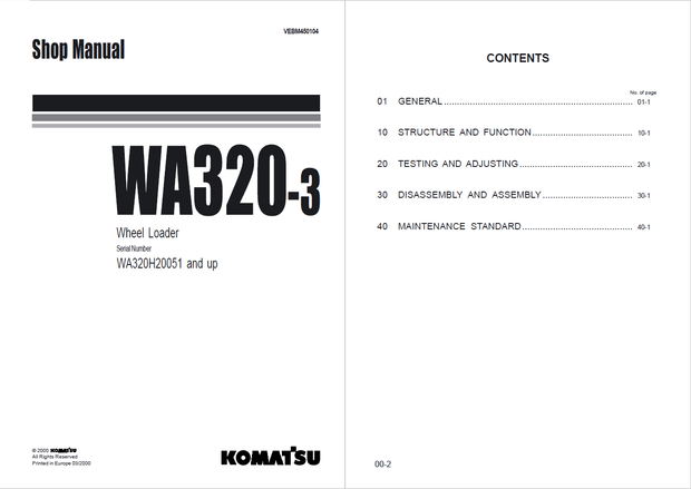 Komatsu Shop Manual WA320-3 WA320H20051 and up Wheel Loader VEBM450104 English