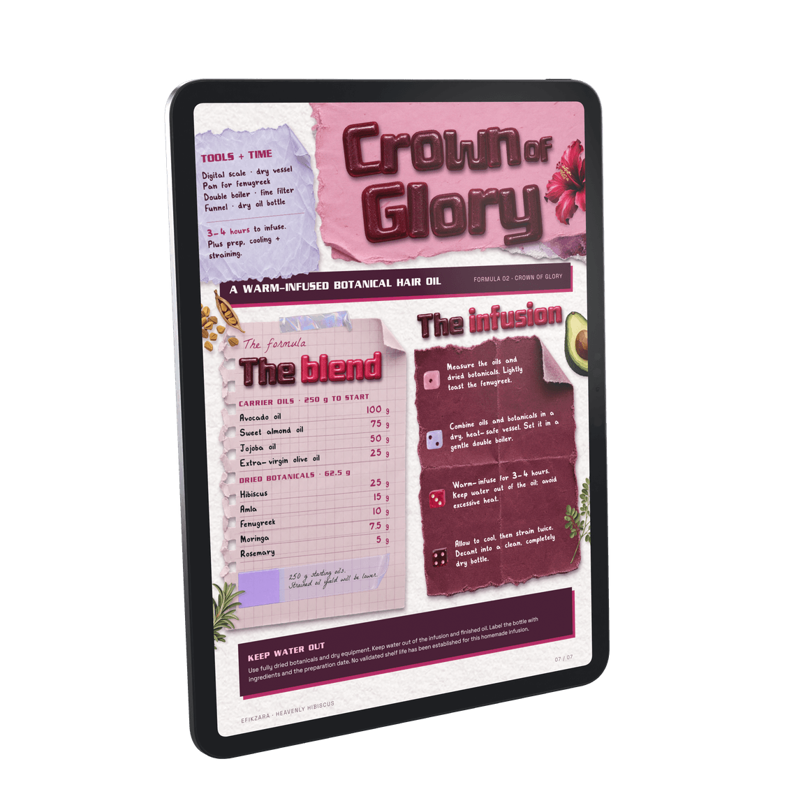 Your Crown of Glory botanical oil recipe, displayed on a large iPad