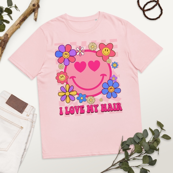 I Love My Hair tee in cotton pink