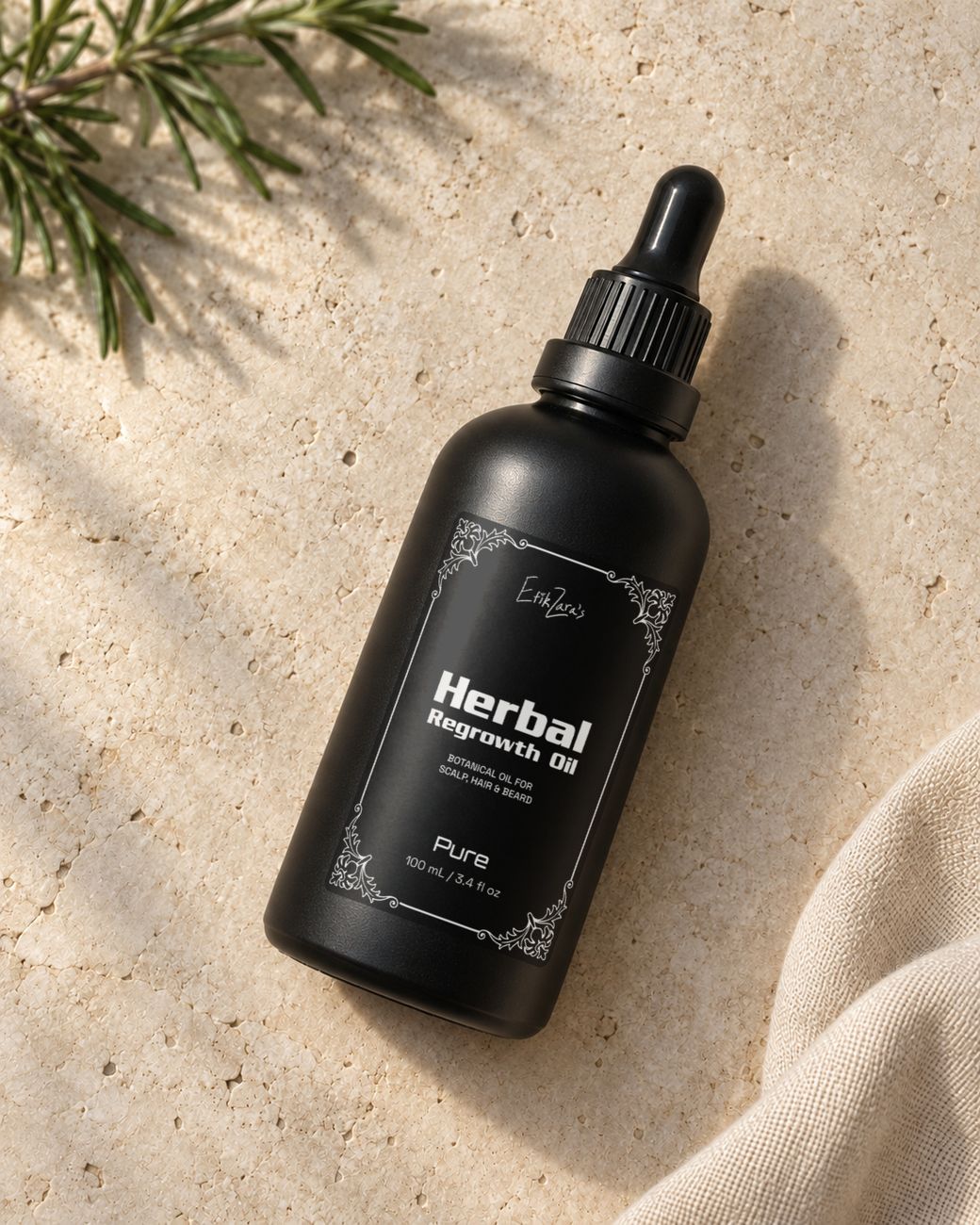 EfikZara Pure Herbal Regrowth Oil in a tactile ritual flat lay