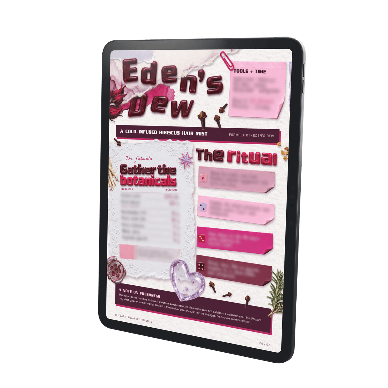 Protected Eden’s Dew preview on a large iPad; recipe details obscured