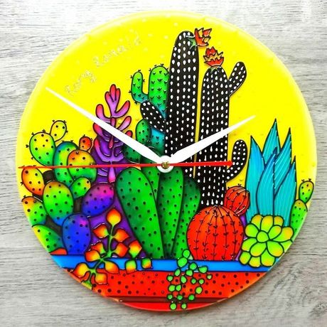 Hand-painted Stained-Glass Style Cactus Clock