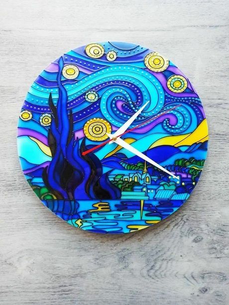 "Starry Night" Stained-Glass Style Clock