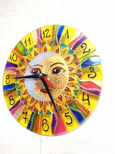 Hand-painted "Sun and Moon" stained-glass style clock