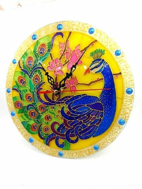 "Peacock" Stained-Glass Style Hand-Painted Clock