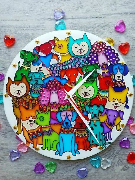 "Rainbow Dogs" Stained-Glass Style Clock