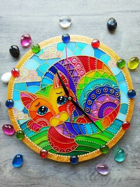 "Rainbow Cat" Stained-Glass Style Clock