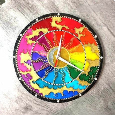 Hand-painted Sun and Moon stained-glass style clock