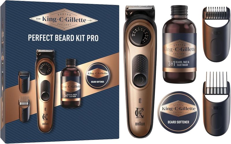 King C. Gillette Beard Trimmer PRO Set Regalo per Uomo, Regolabarba e Detergente 