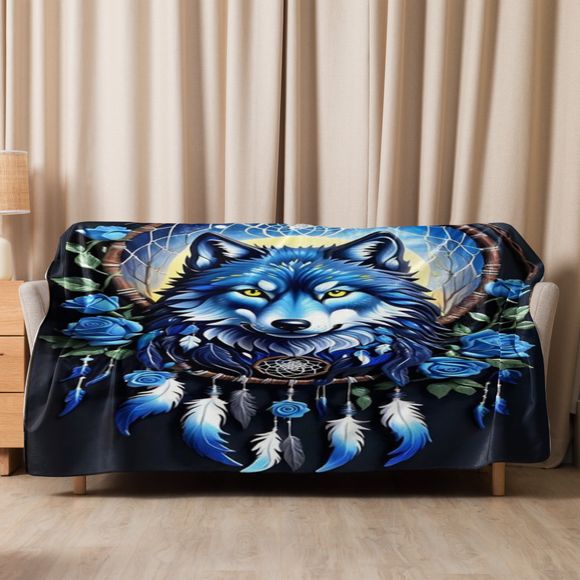 Blue Spirit Wolf Sherpa Blanket | Mystic Cozy Throw