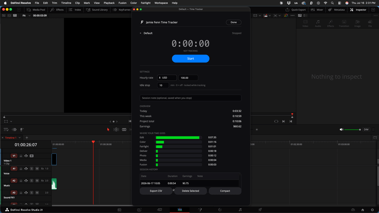 Time Tracker running inside DaVinci Resolve