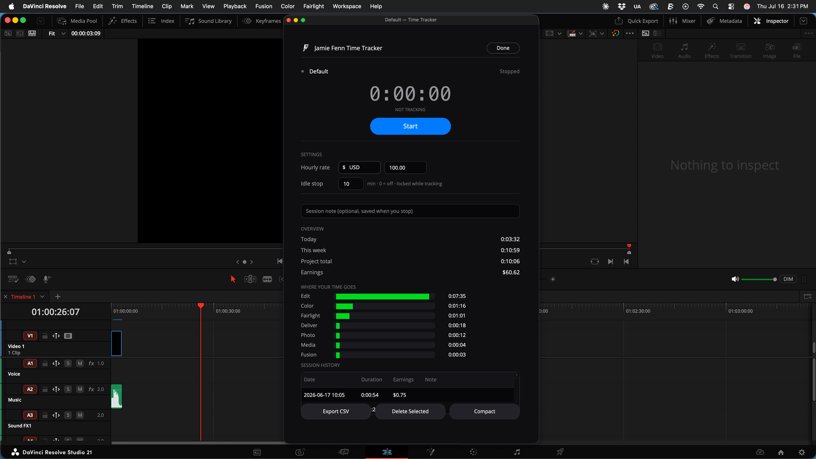 The Time Tracker window open inside DaVinci Resolve Studio