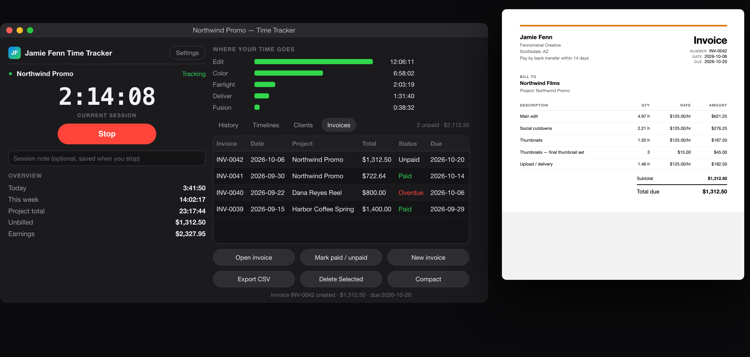 Time Tracker running inside DaVinci Resolve next to the invoice it creates