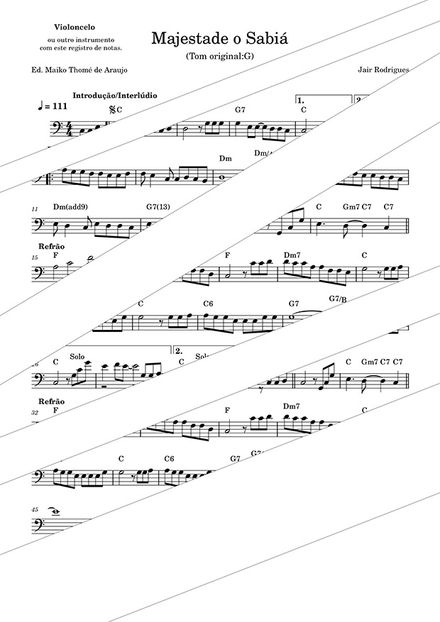 Majestade, o Sabiá - Jair Rodrigues para Violoncelo em Dó Maior (Trechos avançados)