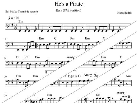 He's a Pirate – Easy Cello 1st Position + Chords (PDF + MP3) – E minor