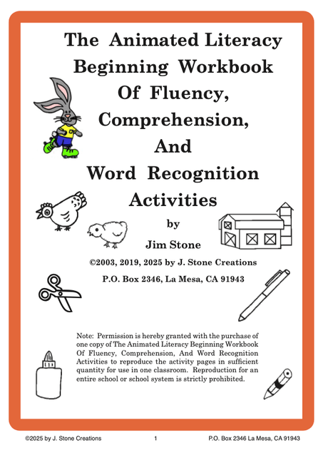 The Animated Literacy Beginning Workbook of Fluency, Comprehension, &amp; Word Recognition Activities
