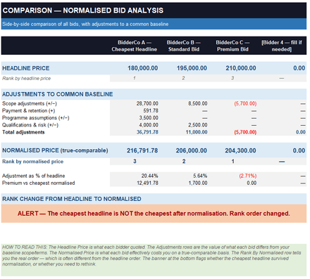 Tender Pricing Comparison Tool — Normalise Bids to a True-Comparable Price (Universal)
