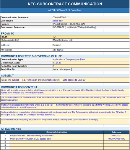 NEC3 / NEC4 ECS Subcontractor Communications Toolkit — Form, Register, Reference, Reply