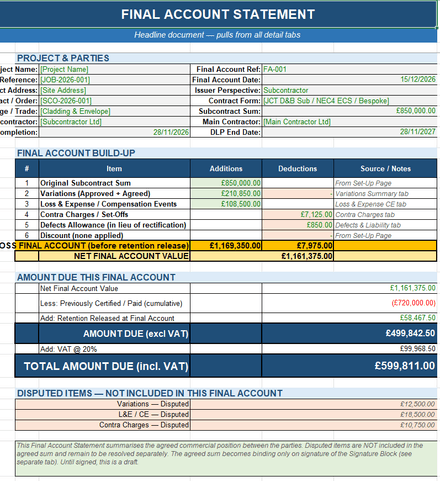 Subcontract Final Account Statement Template