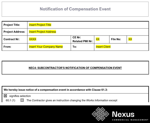 NEC4 Notification of Compensation Event Template