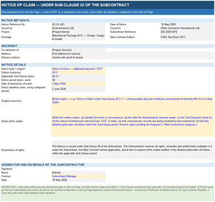 FIDIC Subcontractor Starter Pack — Complete Toolkit for Sub-Clause 13, 14 &amp; 20