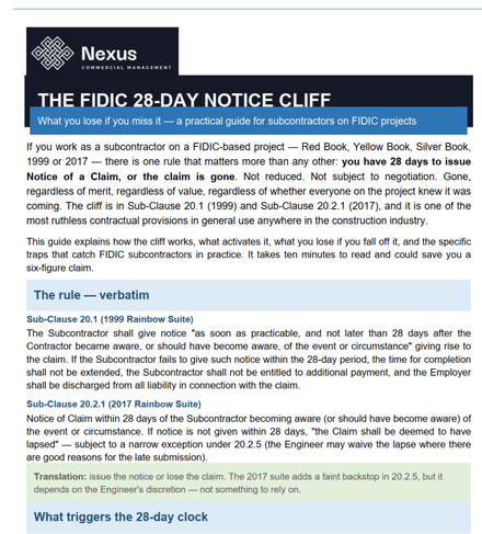 Free 3-page PDF guide to the FIDIC Sub-Clause 20.1 / 20.2.1 notice regime