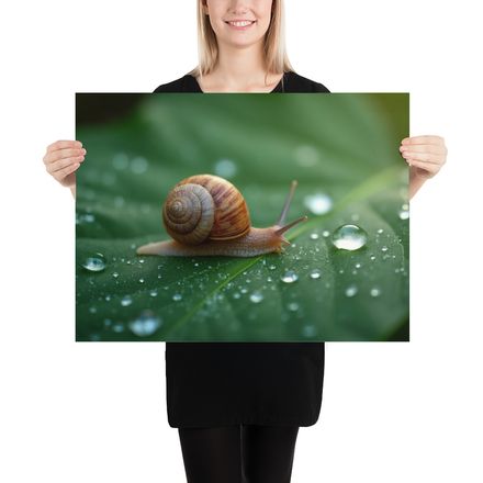 Snail and Droplets on a Leaf