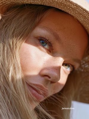 Soft Close-Up Portrait of Freckled Woman in Straw Hat with Sunlight