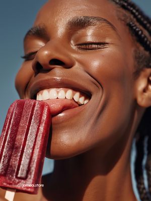 Close-Up of Smiling Woman Licking Berry Popsicle in Summer Sun
