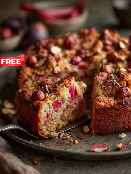 Rustic Rhubarb Hazelnut Cake Slice On Tray