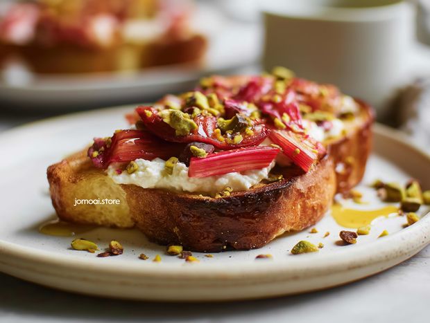 Rhubarb Ricotta Toast With Chopped Pistachios And Honey
