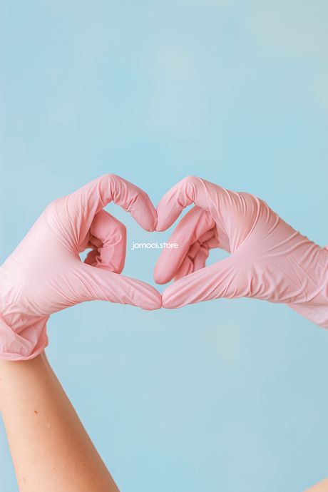 Hands in pink gloves forming heart on blue background