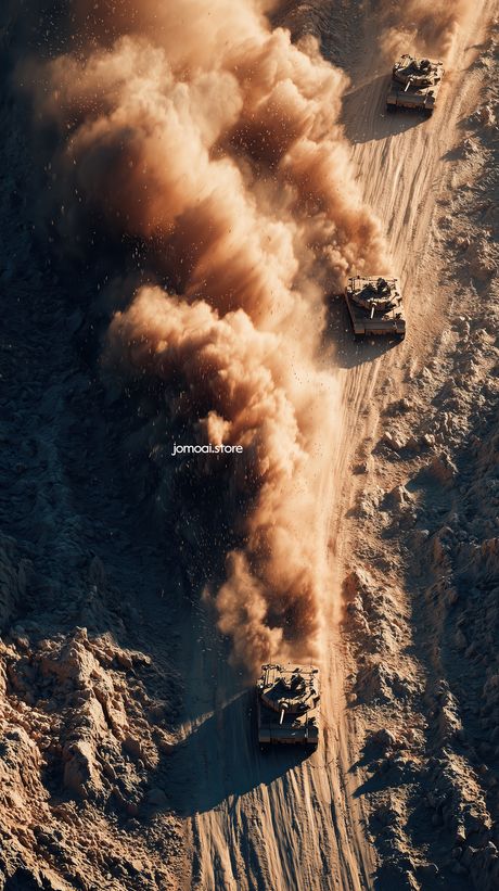 Powerful armored convoy raising dust in the desert 