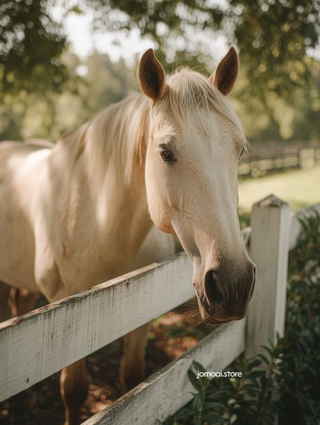Cream-Colored Horse Beside Fence – Rustic Farm Cottage Aesthetic