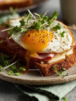 Sunny-Side-Up Egg Toast With Ham, Cheese And Microgreens