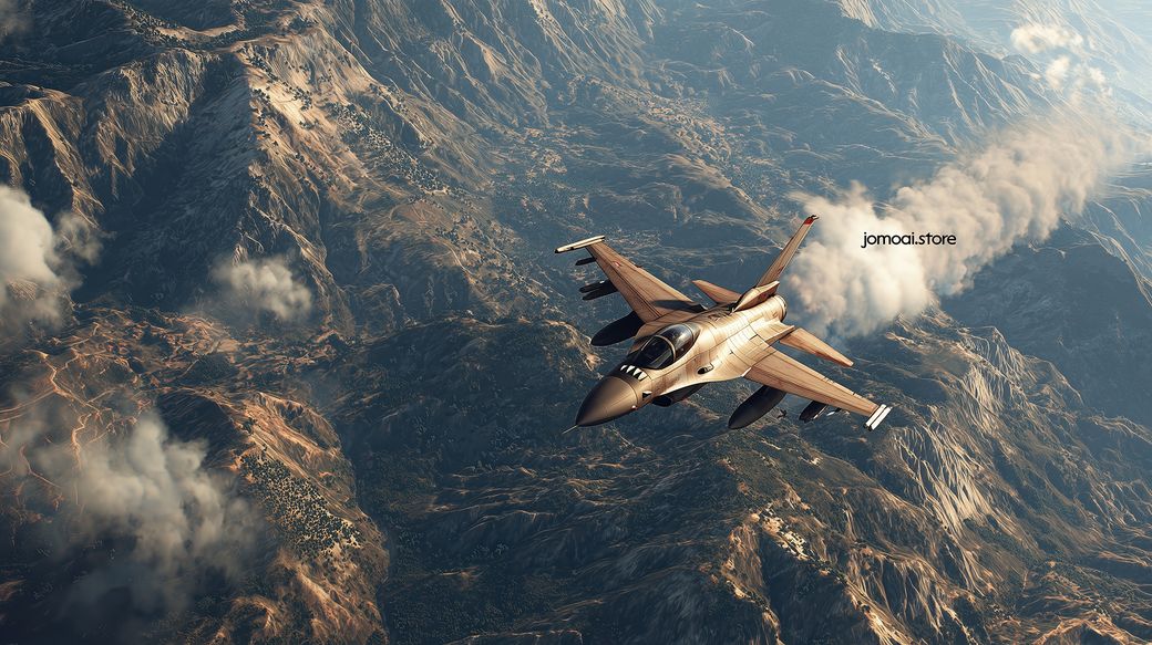 Jet Fighter Soaring Over Mountain Terrain with Contrail