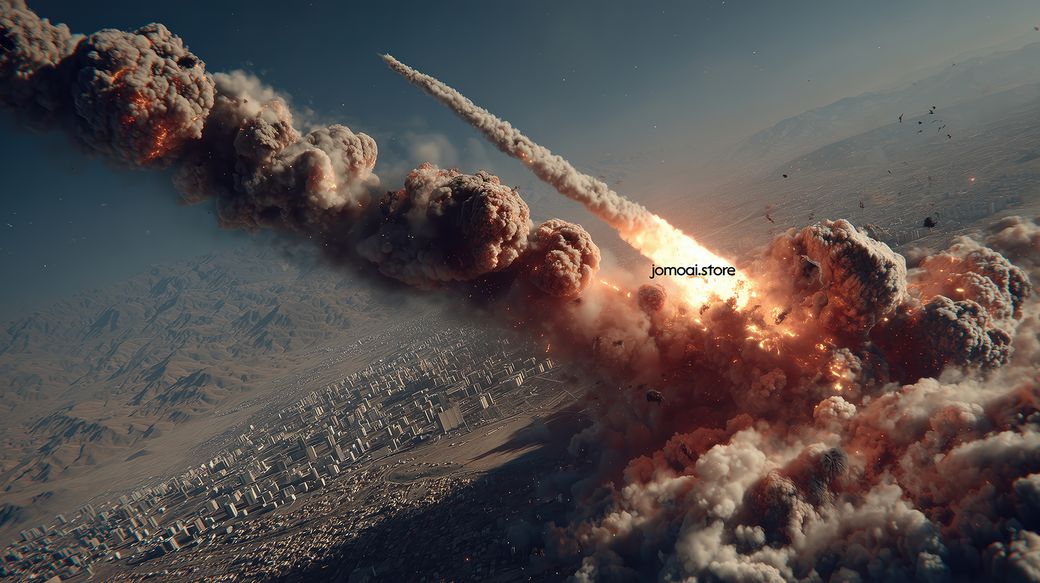 Massive Missile Strike with Fireball and Smoke Over City