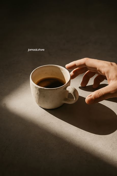 Hand reaching for ceramic coffee cup in warm sunlight