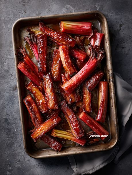 Caramelized Roasted Rhubarb Stalks On Baking Tray