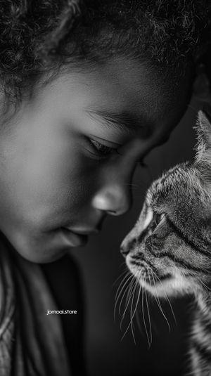 Tender moment between child and cat in black and white