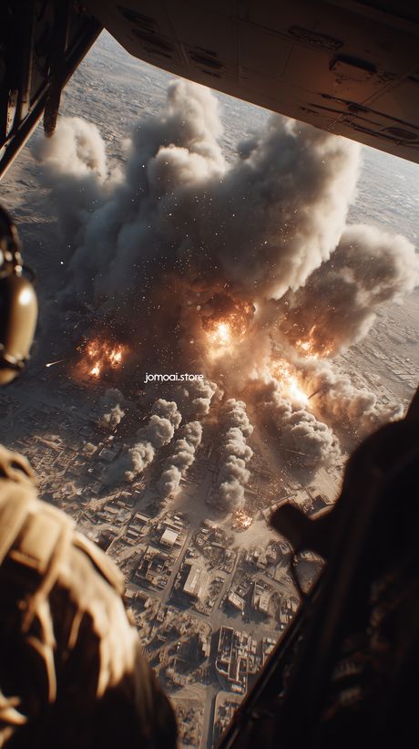 Aerial View from Bomber Over Explosions in Desert City