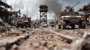Military Convoy in War-Ravaged City with Armored Vehicles