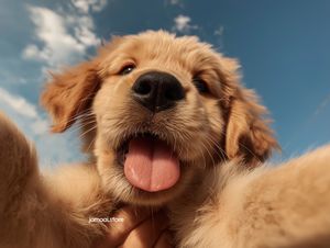 Golden Retriever Puppy Tongue Out – Playful Selfie-Style Close-Up Under Blue Sky