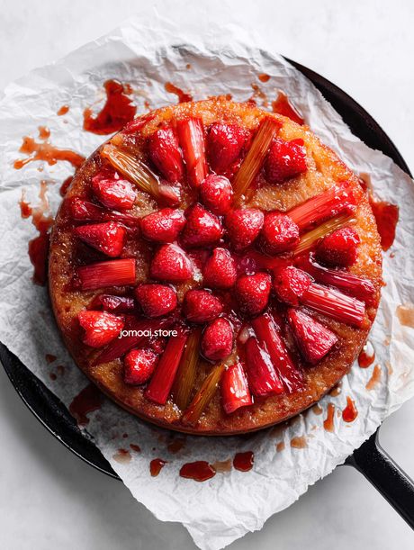 Strawberry Rhubarb Upside-Down Cake On Parchment