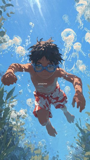 Boy swimming underwater among glowing jellyfish