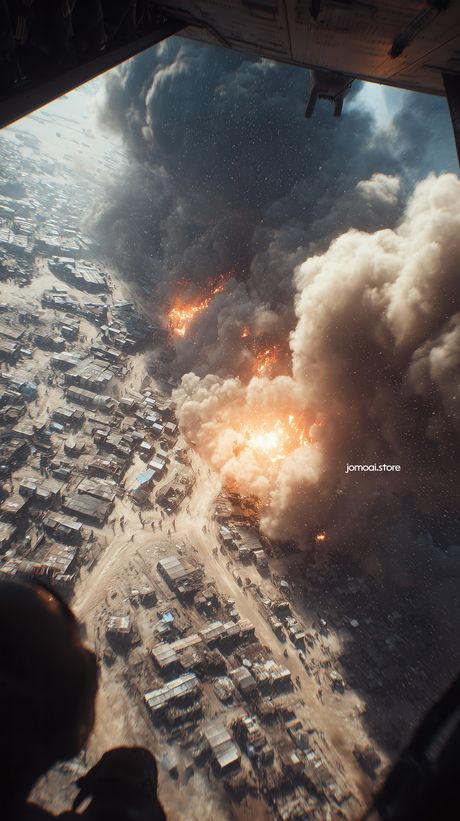 Aerial View from Bomber Over Burning City Streets