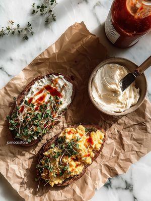 Rustic Open-Faced Breakfast Toasts With Cream Cheese And Scrambled Eggs