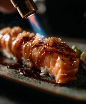 Seared salmon sushi roll with blowtorch flame and garnish